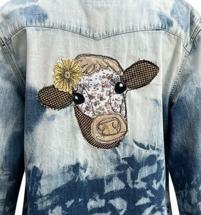 Bleached Denim Cow Appliqué Shirt – Size Large