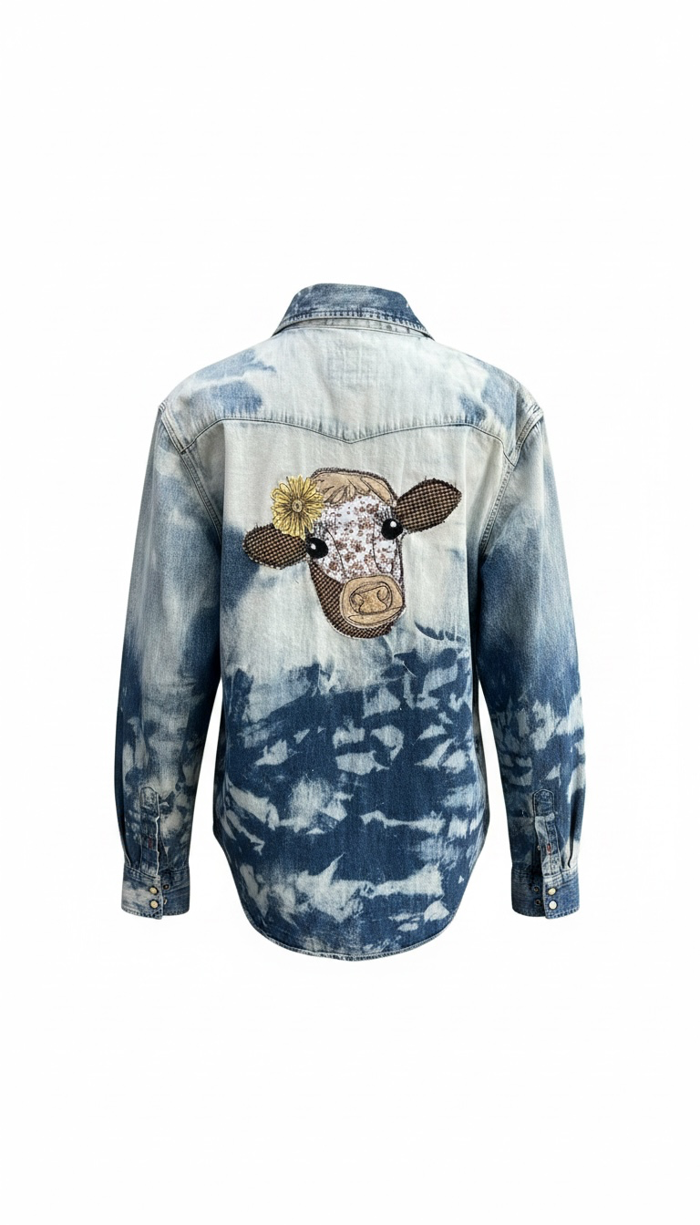 Bleached Denim Cow Appliqué Shirt – Size Large