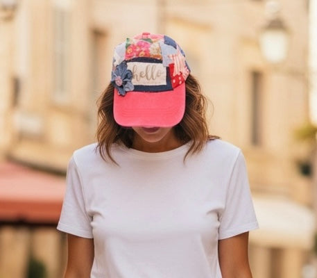 Handmade Patch Red Baseball Hat with Denim Flower