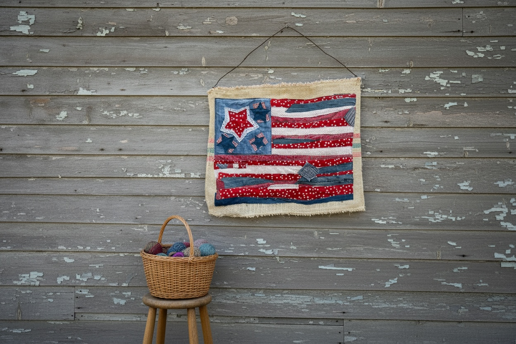 Handmade Upcycled Fabric & Burlap Coffee Bag Flag | One-of-a-Kind Slow Fashion Home Décor