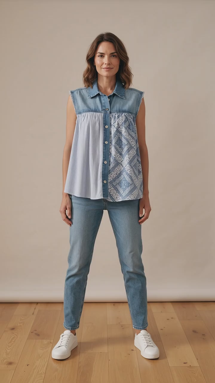 Upcycled Denim & Cottagecore Blue Panels Sleeveless Top Size Small/Medium