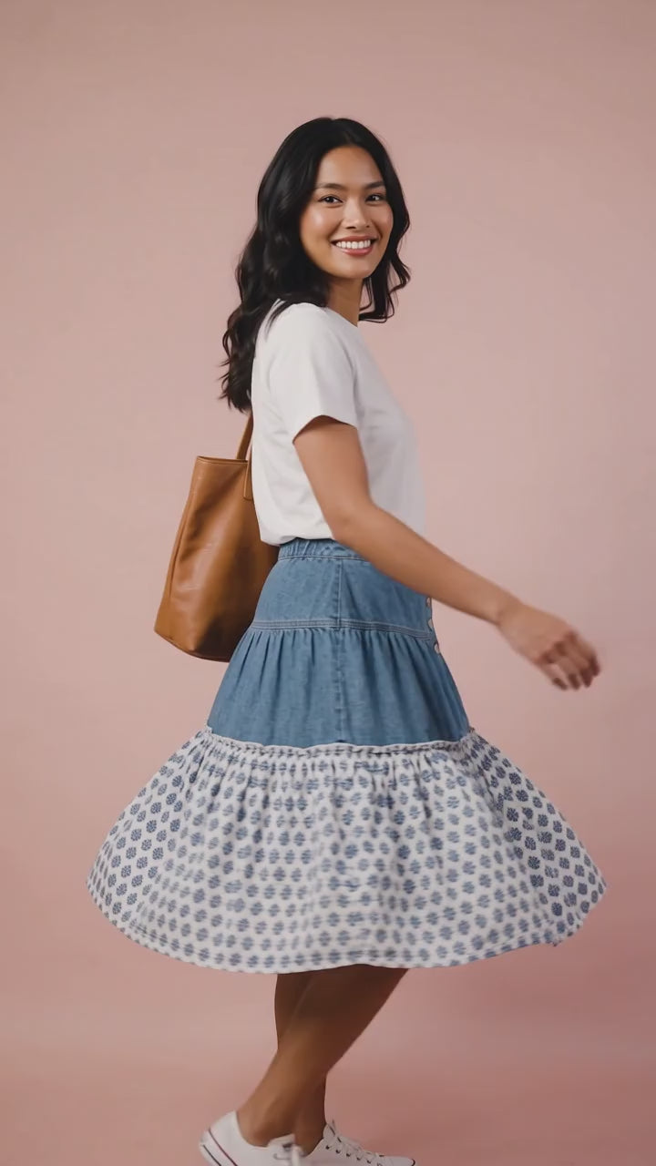 Upcycled Denim & Ruffled White Blue Gathered Skirt