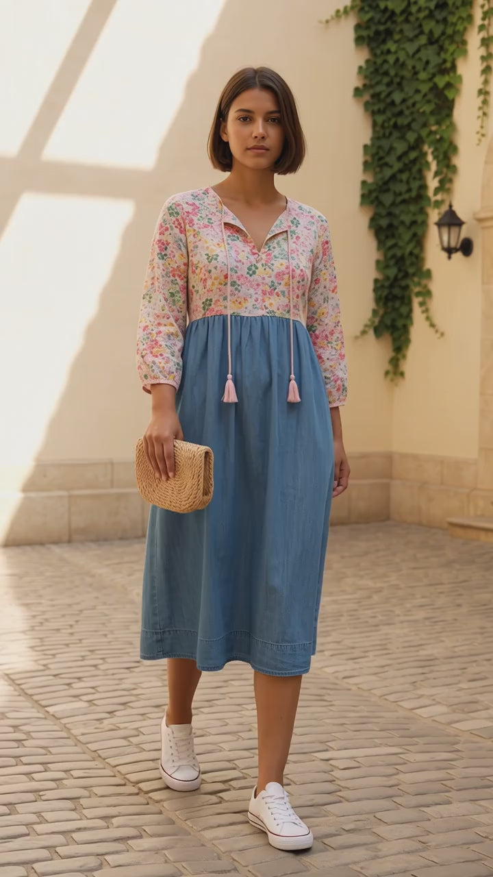 Small Handmade Upcycled Pink Eyelet & Denim Dress | Feminine Cottagecore Fashion