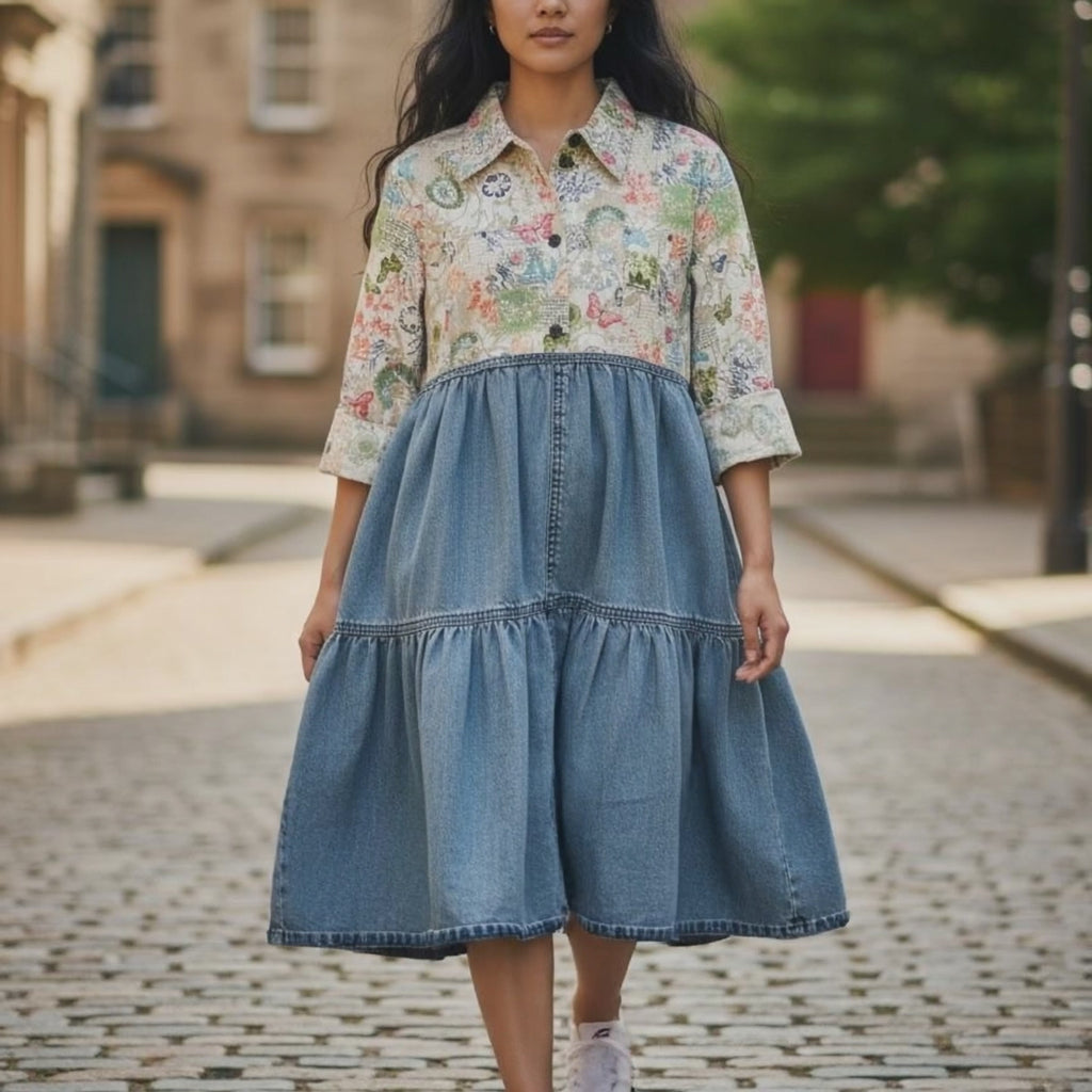Medium Large Handmade Upcycled Butterfly Print & Denim Dress | Boho Sustainable Fashion