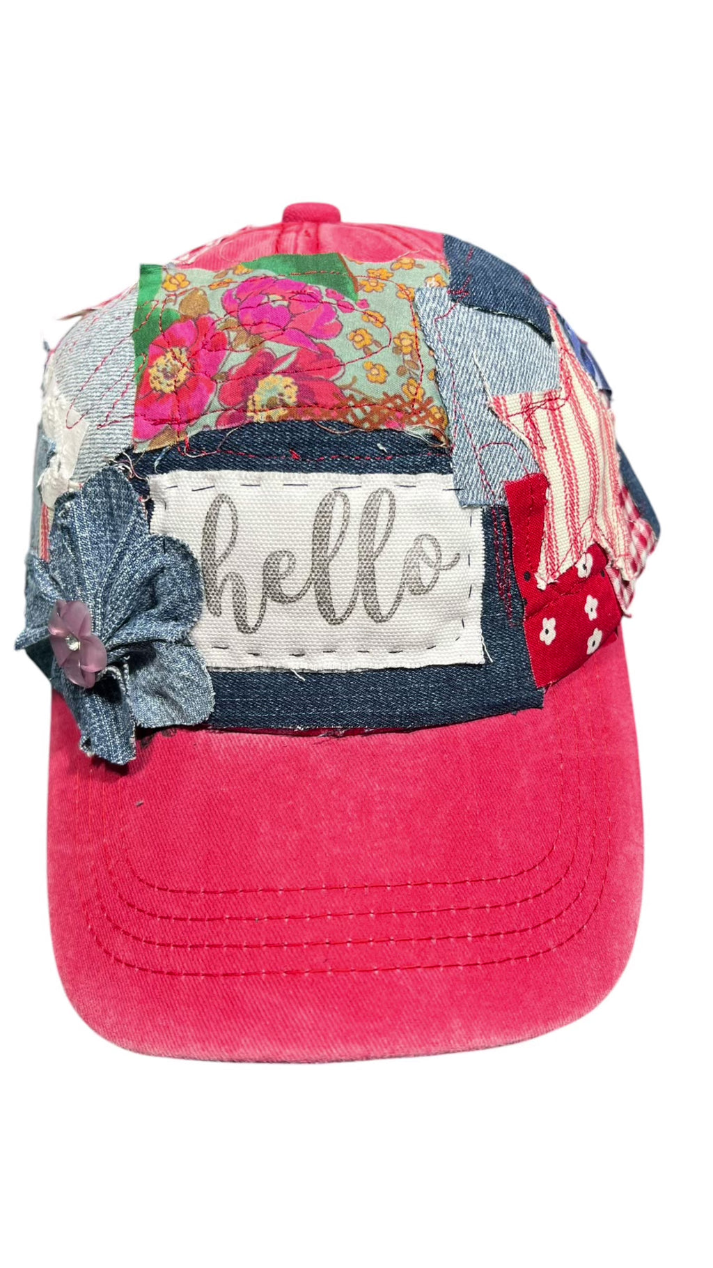 Handmade Patch Red Baseball Hat with Denim Flower