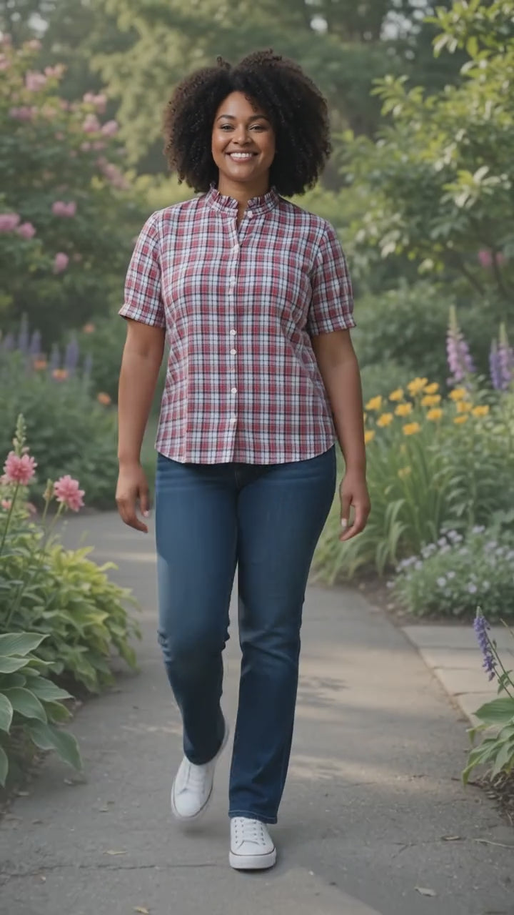 Upcycled Pink & Blue Plaid Shirt with Ruffled Collar – L/XL