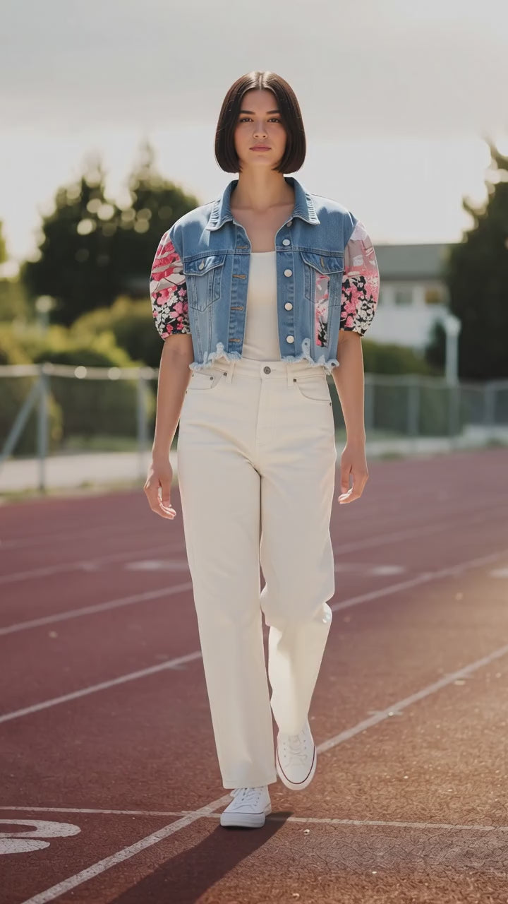 Upcycled Cropped Denim Jacket – Oriental Floral Panels