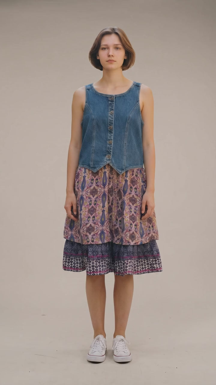 Small Upcycled Denim Vest Dress | Handmade Pink & Navy Layered Skirt