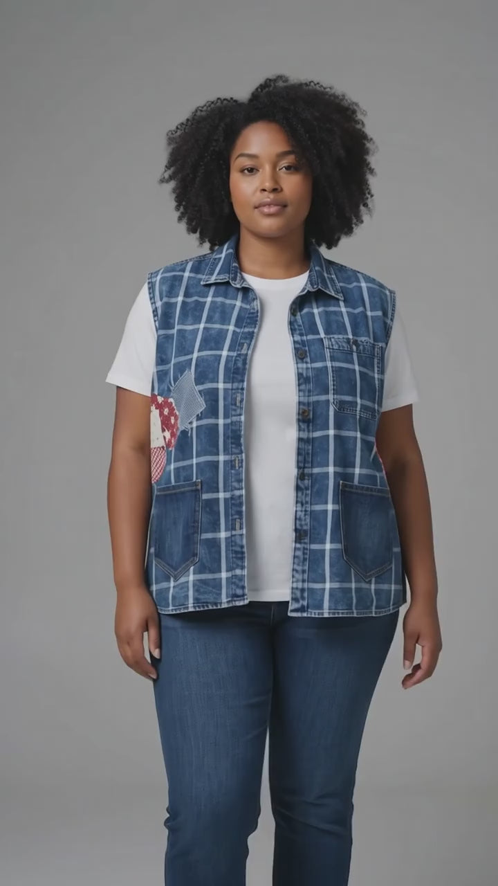 XL Handmade Upcycled Blue Patchwork Sleeveless Top | Artisan Slow Fashion