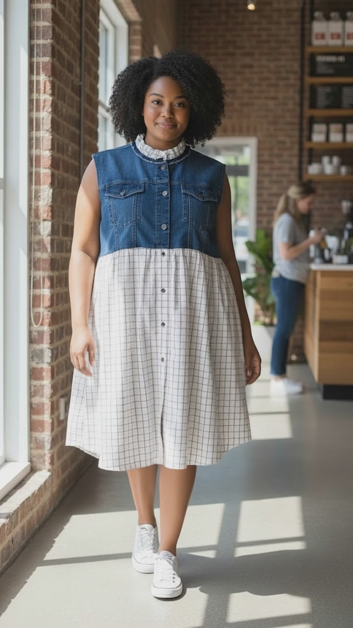 Upcycled Denim Dress – Gold & White Check Skirt with Ruffle Collar
