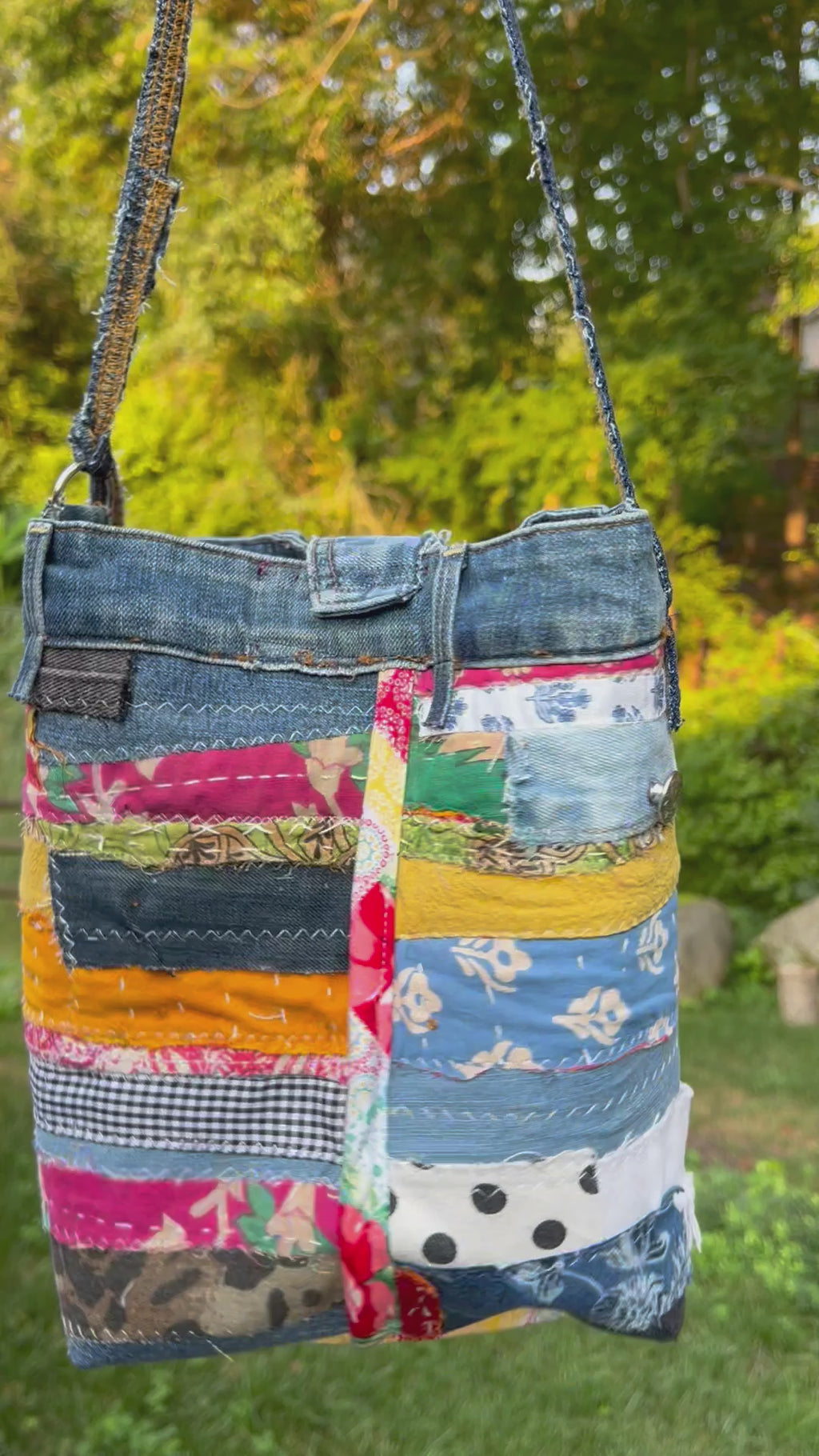 Handmade Patchwork Crossbody Bag | Denim & Fabric Scraps | Boho One of a Kind