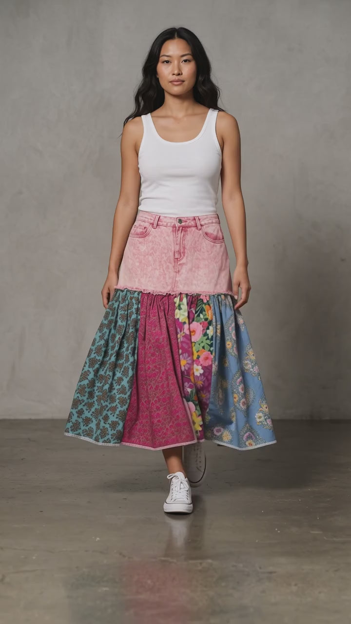 Upcycled Faded Pink Denim Boho Patchwork Skirt – Pinks Blues Teals