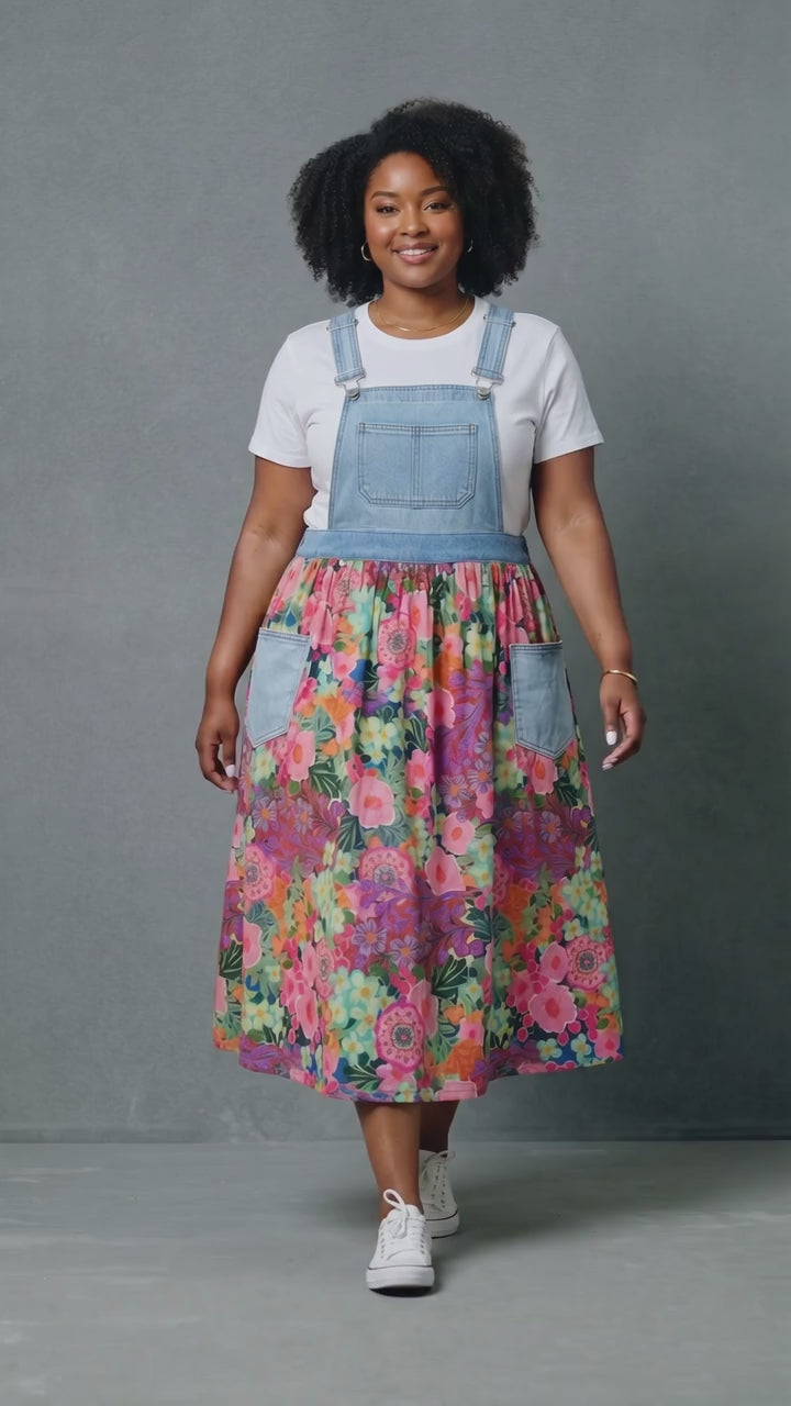 Upcycled Floral Overall Dress – Elastic Waist, Size XL/2X