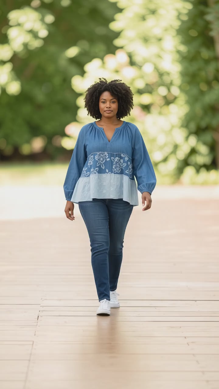 Upcycled Blue Denim Peasant Top with Soft Blue & White Layers