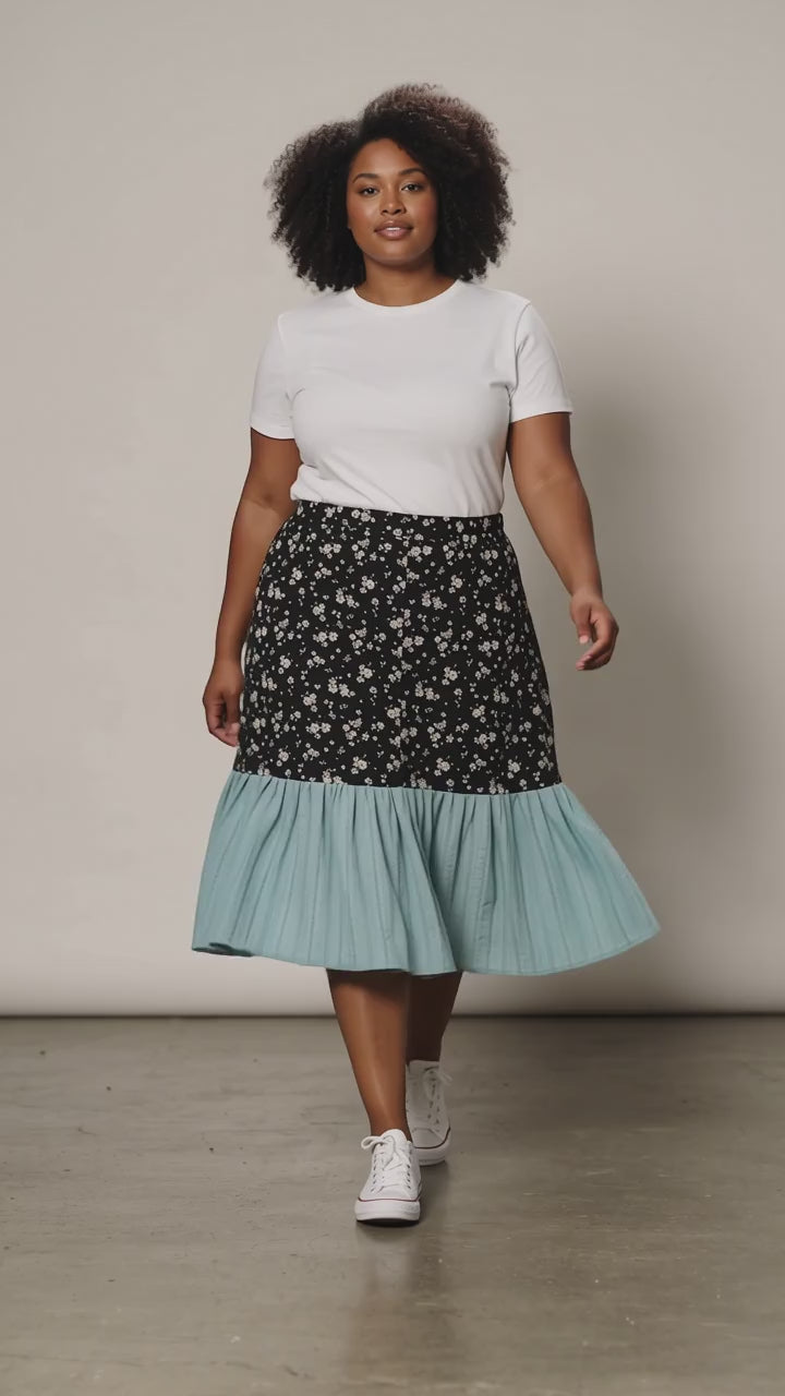 Upcycled Floral Denim & Green Flowy Skirt – Black Multicolor