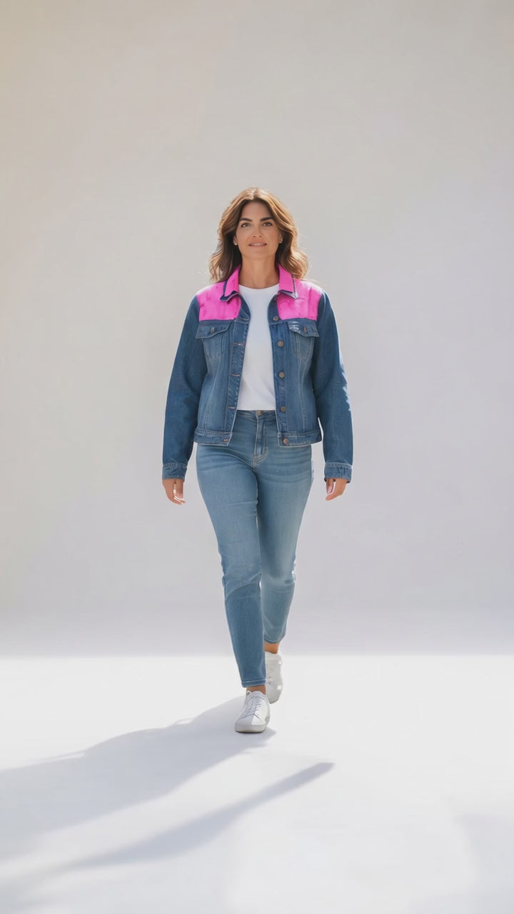 Small Upcycled Denim Jacket with Pink Eyelet Details | Handmade Feminine Fashion