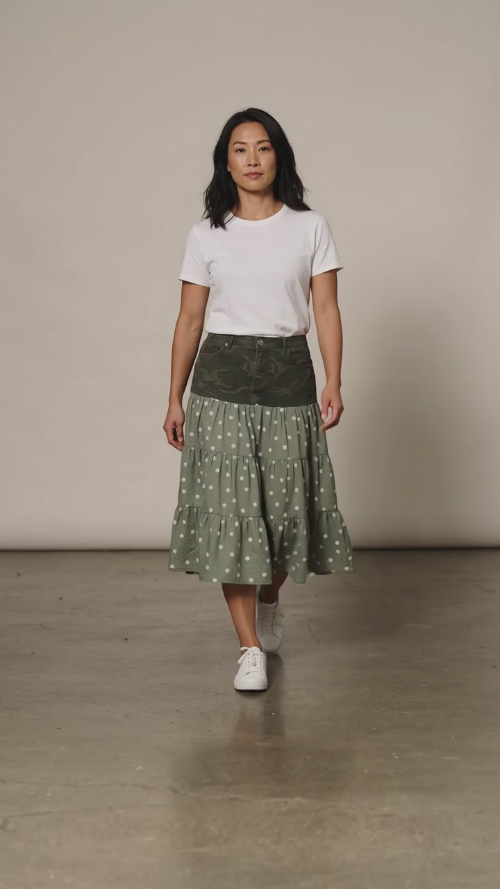 Small Upcycled Camouflage & Sage Green Polka Dot Skirt | Handmade Slow Fashion